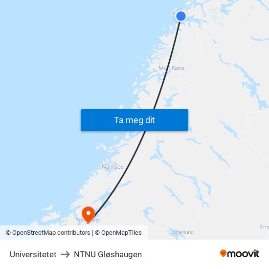 Universitetet to NTNU Gløshaugen map