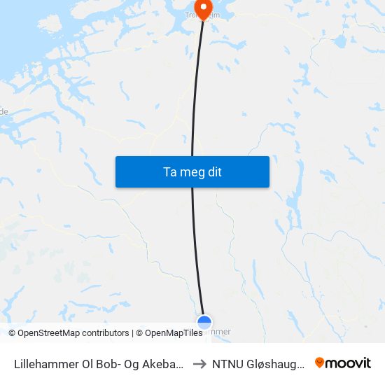 Lillehammer Ol Bob- Og Akebane to NTNU Gløshaugen map