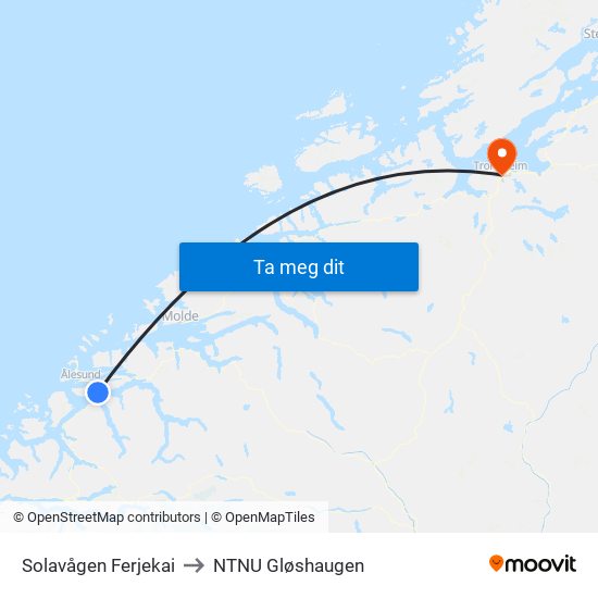 Solavågen Ferjekai to NTNU Gløshaugen map