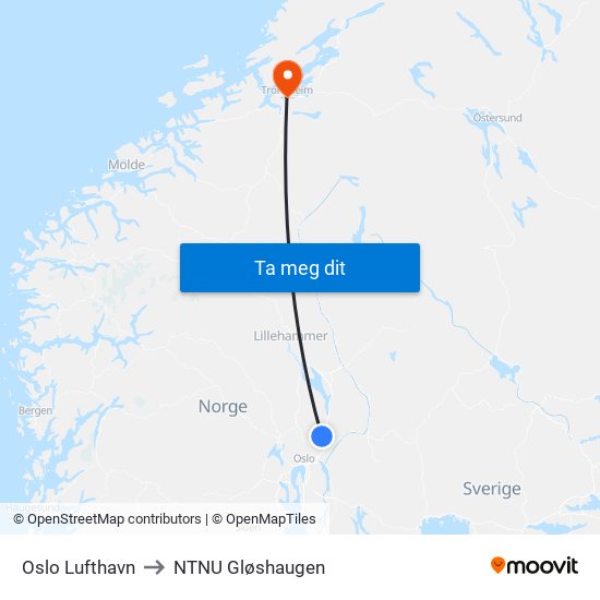 Oslo Lufthavn to NTNU Gløshaugen map