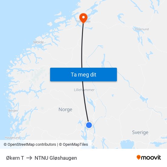 Økern T to NTNU Gløshaugen map