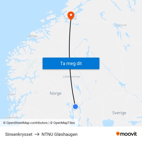 Sinsenkrysset to NTNU Gløshaugen map