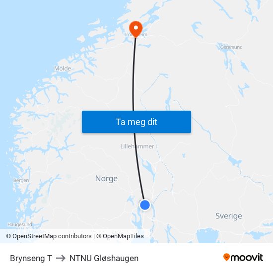 Brynseng T to NTNU Gløshaugen map