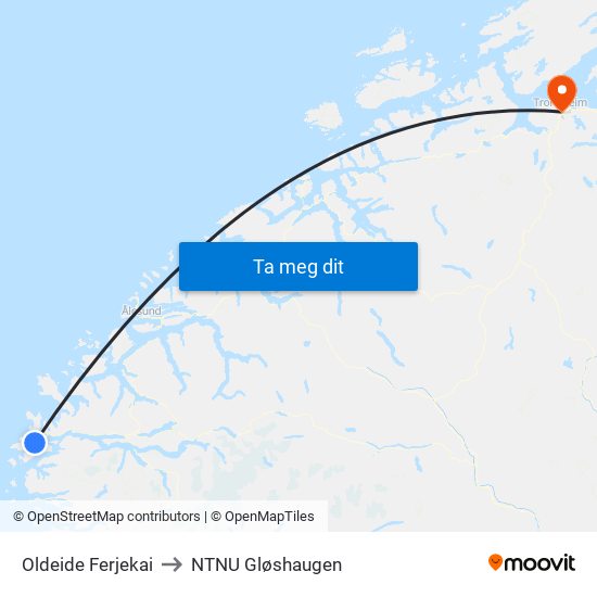 Oldeide Ferjekai to NTNU Gløshaugen map