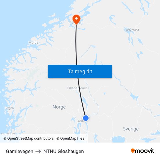 Gamlevegen to NTNU Gløshaugen map