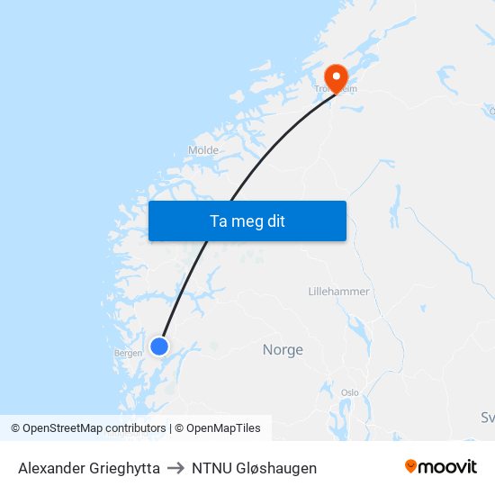 Alexander Grieghytta to NTNU Gløshaugen map