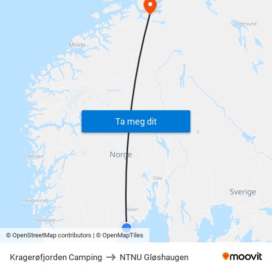 Kragerøfjorden Camping to NTNU Gløshaugen map