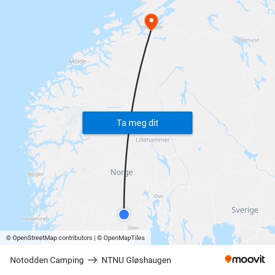 Notodden Camping to NTNU Gløshaugen map