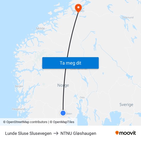 Lunde Sluse Slusevegen to NTNU Gløshaugen map