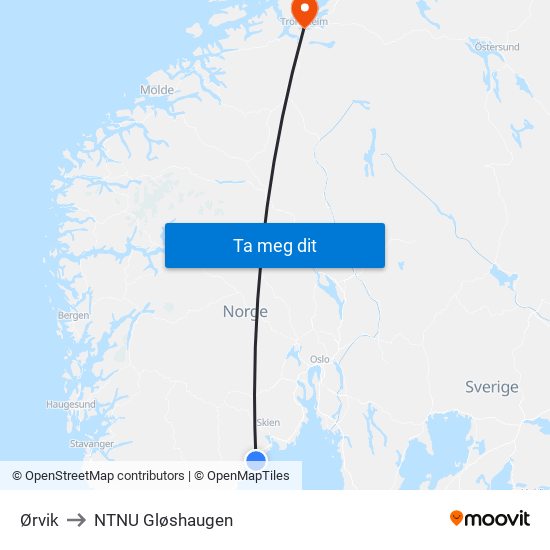Ørvik to NTNU Gløshaugen map