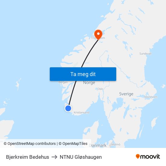 Bjerkreim Bedehus to NTNU Gløshaugen map