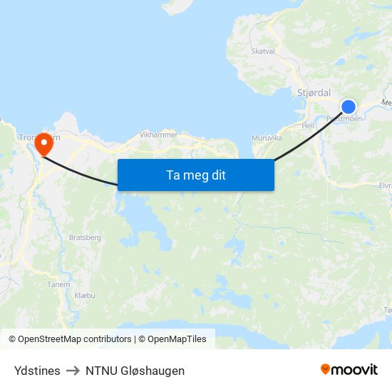 Ydstines to NTNU Gløshaugen map