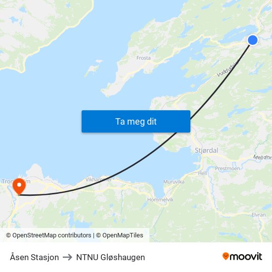 Åsen Stasjon to NTNU Gløshaugen map