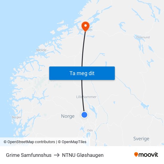 Grime Samfunnshus to NTNU Gløshaugen map