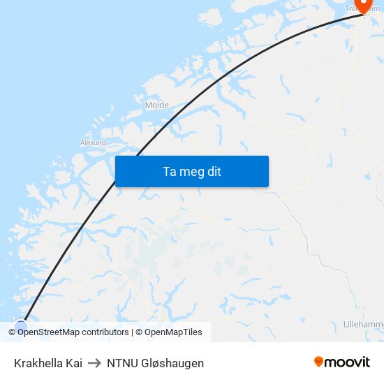 Krakhella Kai to NTNU Gløshaugen map