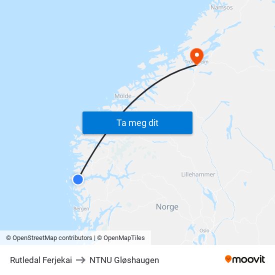 Rutledal Ferjekai to NTNU Gløshaugen map