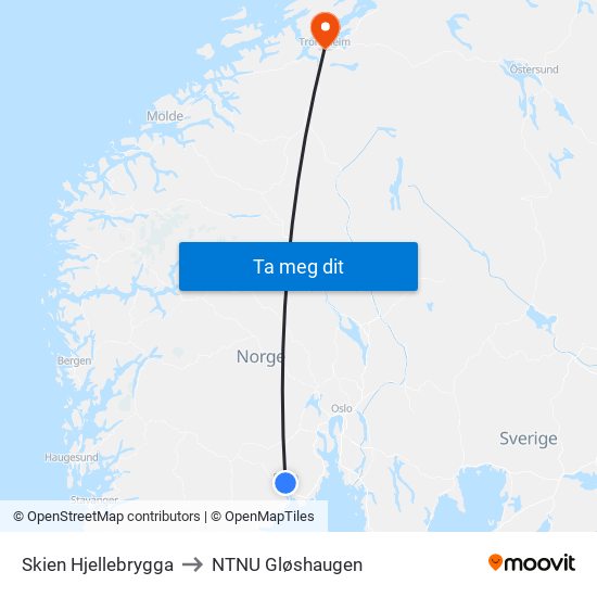 Skien Hjellebrygga to NTNU Gløshaugen map