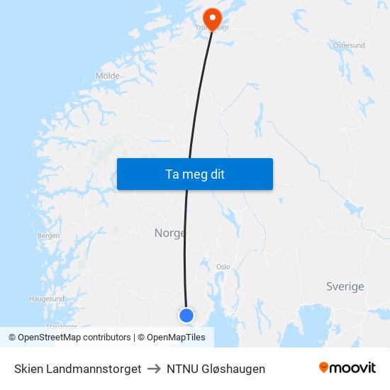 Skien Landmannstorget to NTNU Gløshaugen map
