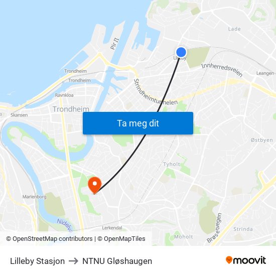Lilleby Stasjon to NTNU Gløshaugen map