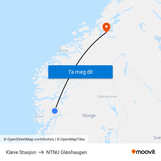 Kløve Stasjon to NTNU Gløshaugen map