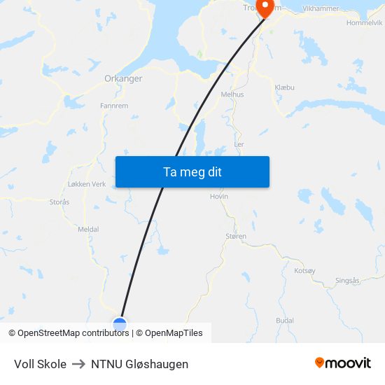 Voll Skole to NTNU Gløshaugen map