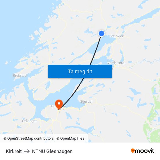 Kirkreit to NTNU Gløshaugen map