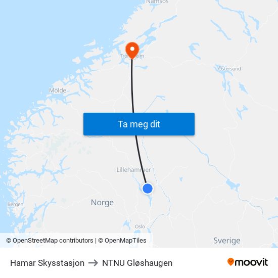 Hamar Skysstasjon to NTNU Gløshaugen map