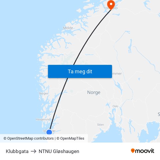 Klubbgata to NTNU Gløshaugen map