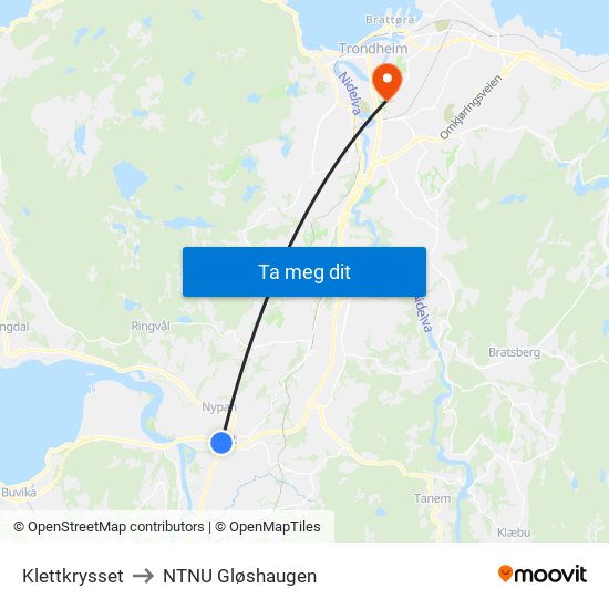 Klettkrysset to NTNU Gløshaugen map