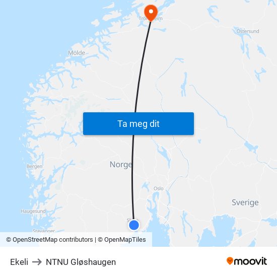 Ekeli to NTNU Gløshaugen map