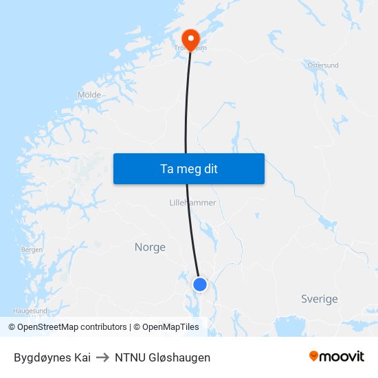 Bygdøynes Kai to NTNU Gløshaugen map