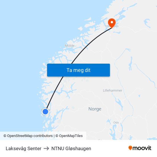 Laksevåg Senter to NTNU Gløshaugen map