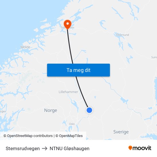 Stemsrudvegen to NTNU Gløshaugen map