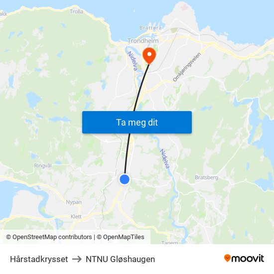 Hårstadkrysset to NTNU Gløshaugen map