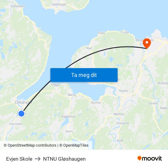 Evjen Skole to NTNU Gløshaugen map