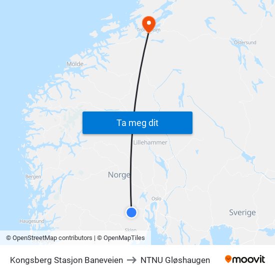 Kongsberg Stasjon Baneveien to NTNU Gløshaugen map