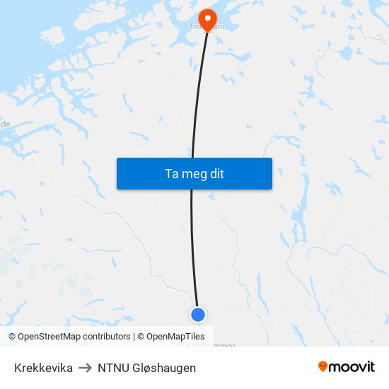 Krekkevika to NTNU Gløshaugen map