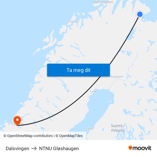 Dalsvingen to NTNU Gløshaugen map