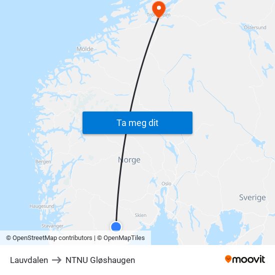 Lauvdalen to NTNU Gløshaugen map