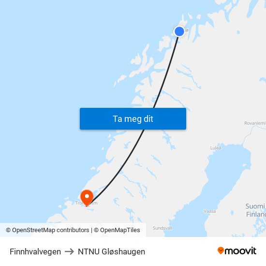 Finnhvalvegen to NTNU Gløshaugen map