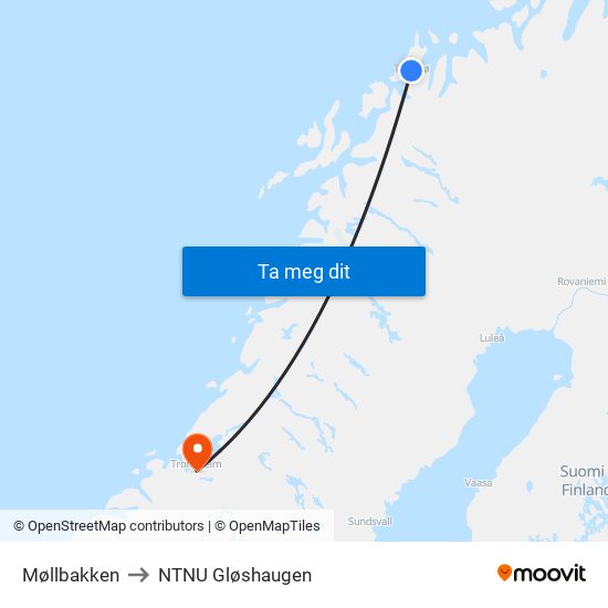 Møllbakken to NTNU Gløshaugen map