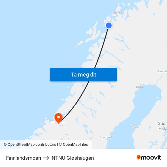 Finnlandsmoan to NTNU Gløshaugen map