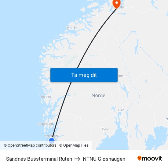 Sandnes Bussterminal Ruten to NTNU Gløshaugen map