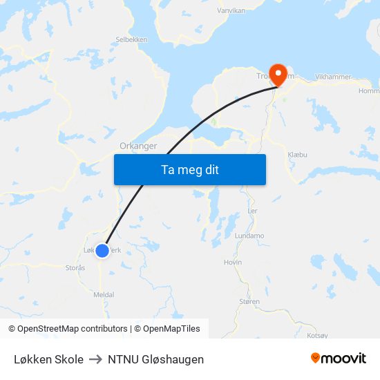 Løkken Skole to NTNU Gløshaugen map
