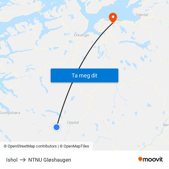 Ishol to NTNU Gløshaugen map