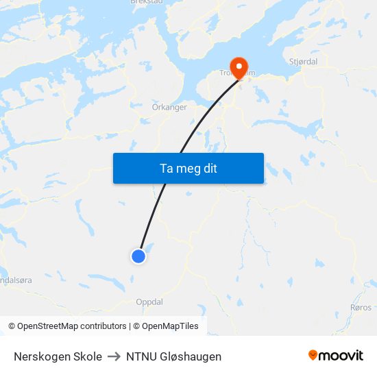 Nerskogen Skole to NTNU Gløshaugen map