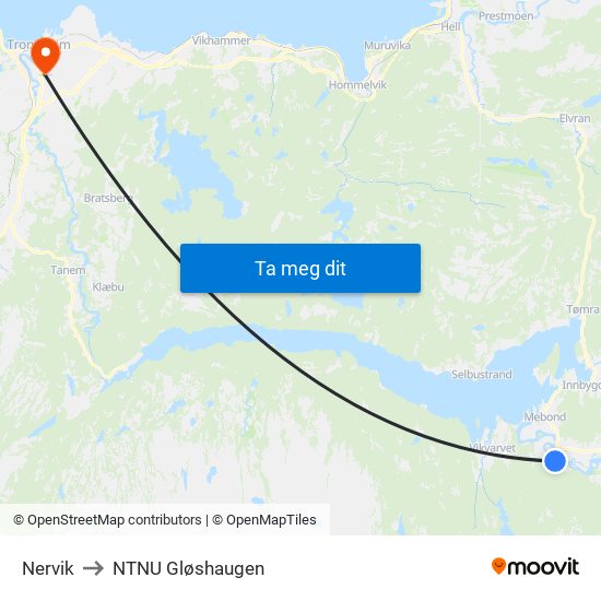 Nervik to NTNU Gløshaugen map