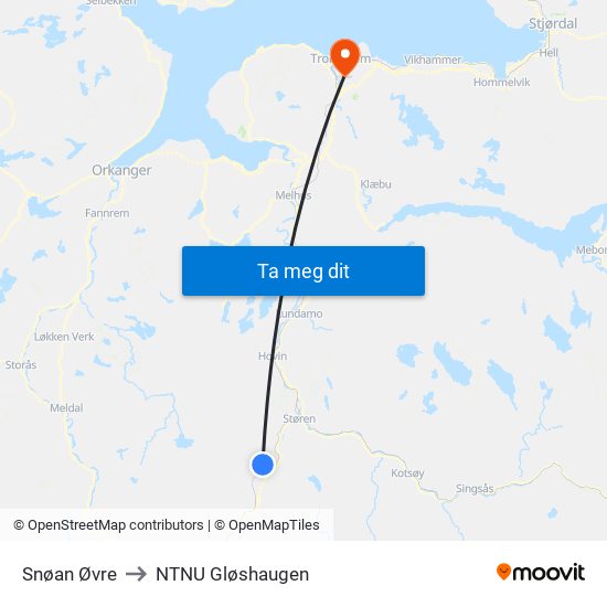 Snøan Øvre to NTNU Gløshaugen map