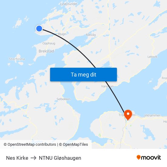 Nes Kirke to NTNU Gløshaugen map