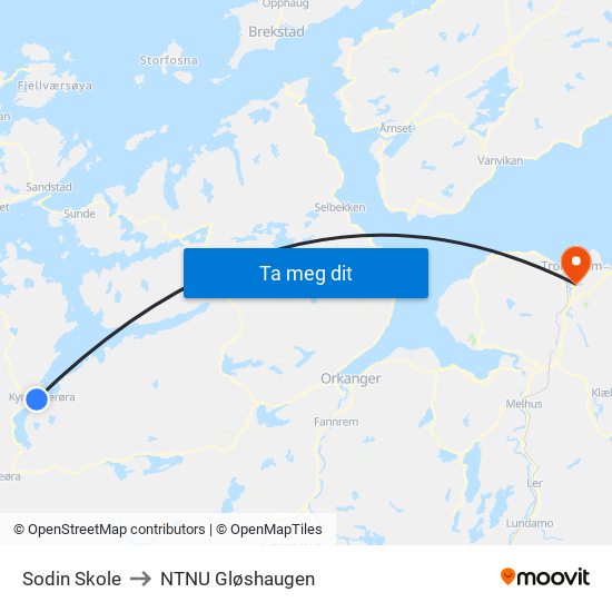 Sodin Skole to NTNU Gløshaugen map